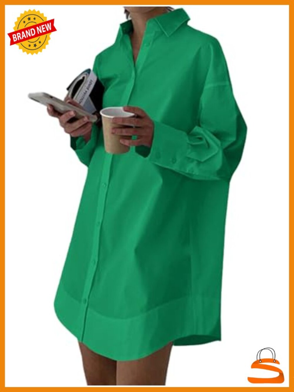 Women's V Neck Button Down Long Sleeve Mini Shirt Dress Loose Fit